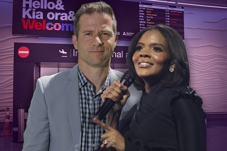 Candace Owens and a man at an airport arrivals area with Kia ora welcome sign